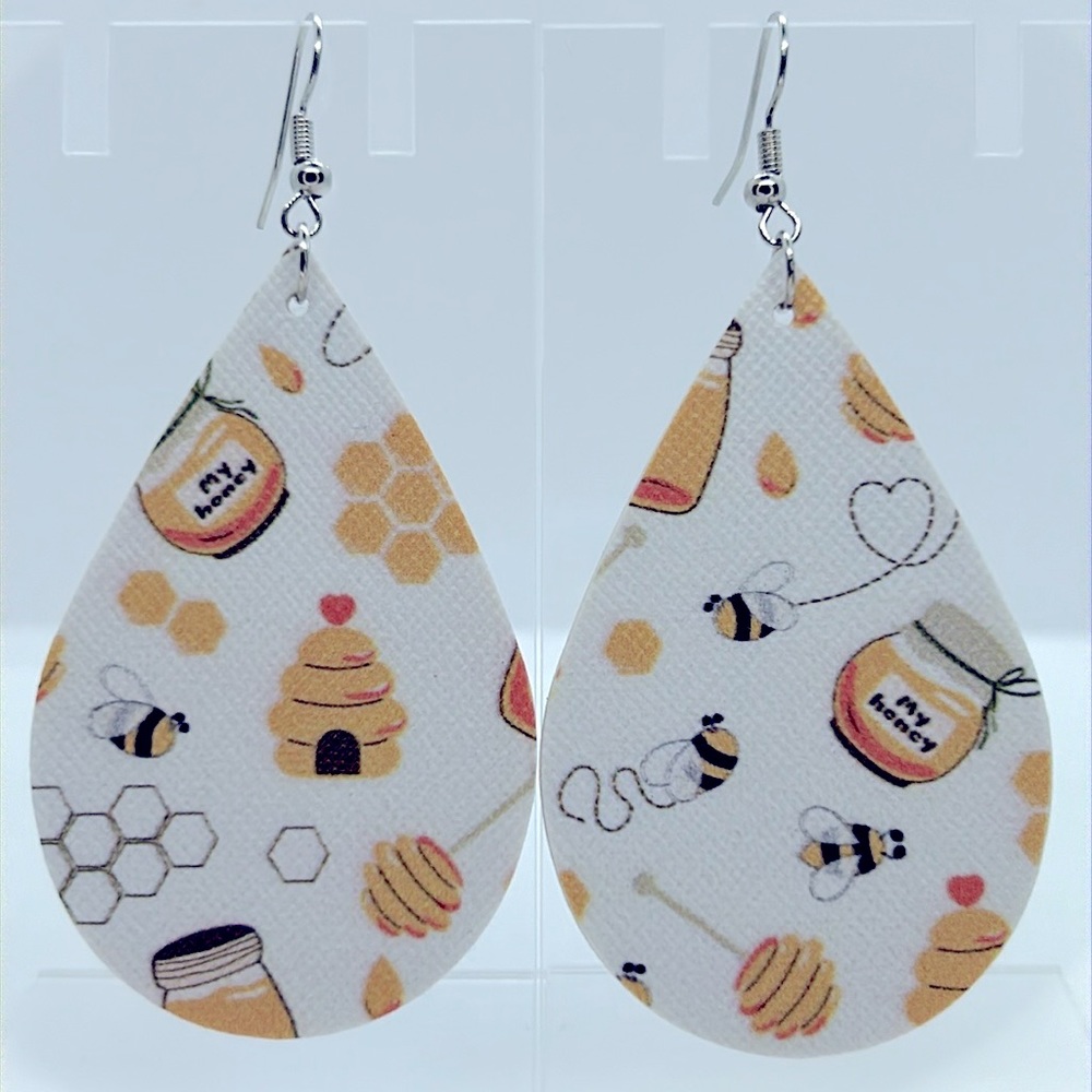 Faux Leather Teardrop Dangle Earrings Bee’s - Picture 3 of 3